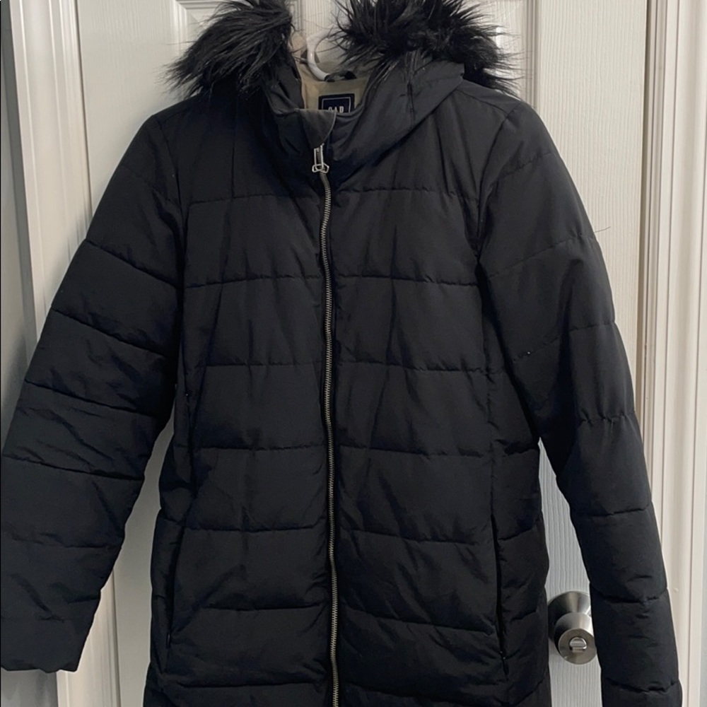 Gap down jacket faux fur hood
